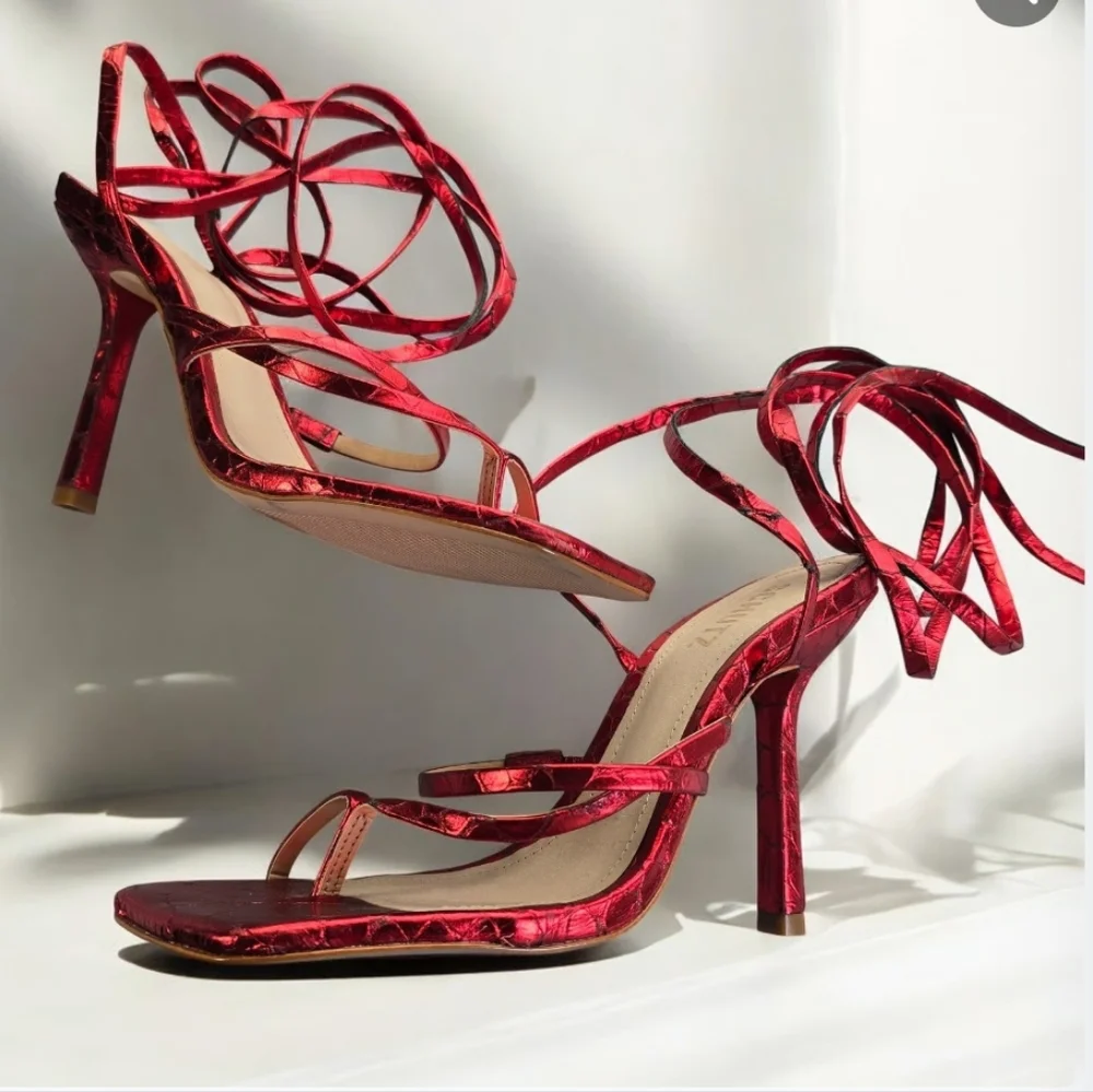 Schutz Krist Red Metallic Croc Embossed Leather Tie Up Wrap Heels Size 8🔥